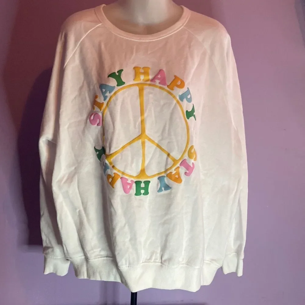 33 Revolutions White Peace Sign Sweatshirt Women's XL Pullover Graphic Top